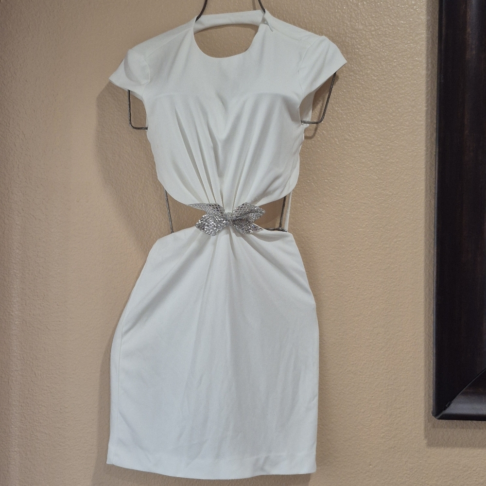 Zara Elegant White Dress with Silver Accent